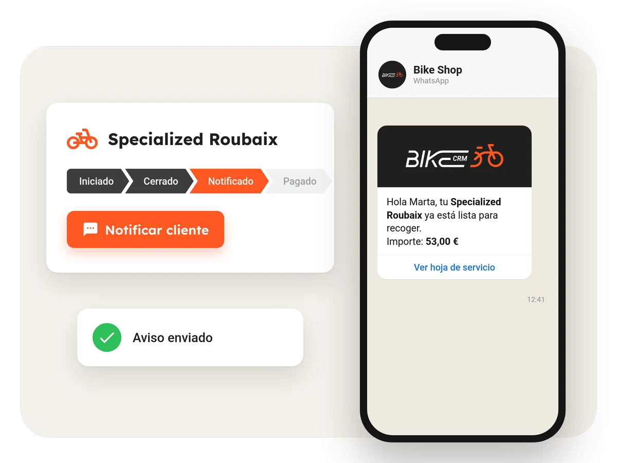 El botón «Notificar cliente» y el WhatsApp que recibe la clienta: su bici ya está lista para recoger