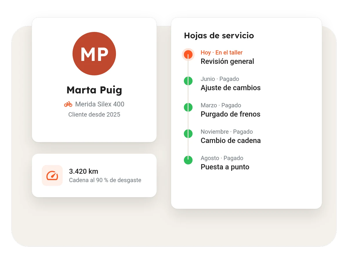 Ficha de una clienta con el historial de hojas de servicio de su bici y el aviso de desgaste de la cadena
