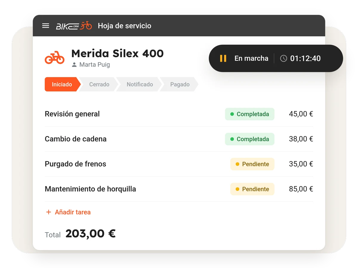 Hoja de servicio de una Merida Silex 400 con el contador en marcha y cuatro tareas, dos completadas y dos pendientes