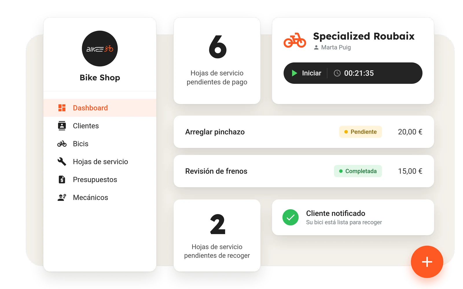 El taller en BikeCRM: hojas de servicio pendientes, tareas de una bici y el aviso al cliente